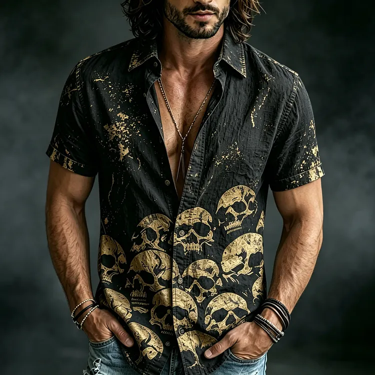 Men's Retro Skull Print Short-sleeve Shirt