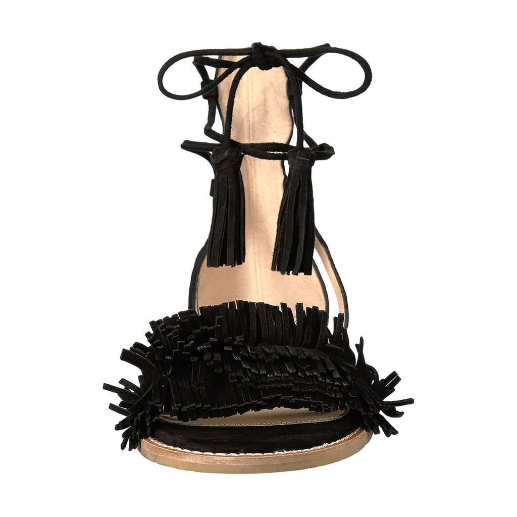 Black Vegan Suede Fringes Open Round Toe Flat Sandals for Women