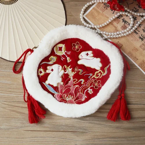 Rabbit Year Plush Bag Cute Embroidered Crossbody Bag New Year Red Retro-Style Accessories