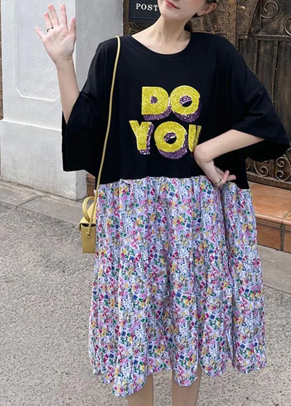 Plus Size Black Patchwork Cotton Print Loose Summer Party Dress