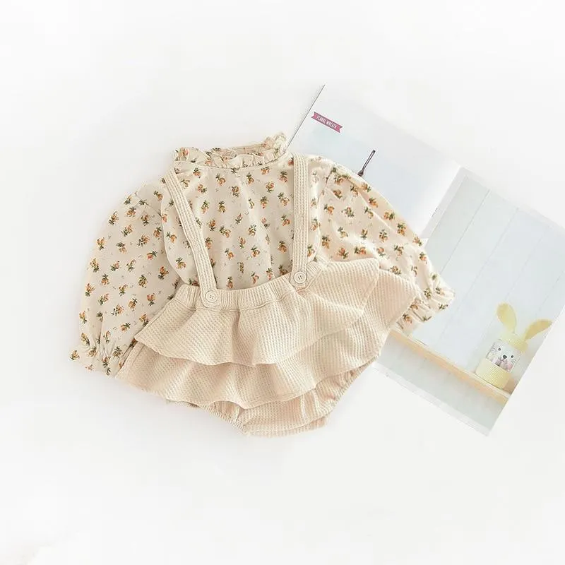 Baby Girl Clothes Spring Summer Linen Cotton Girls Floral Pullover Top Shirt Vintage Suspender Romper Dress Newborn Baby Outfits