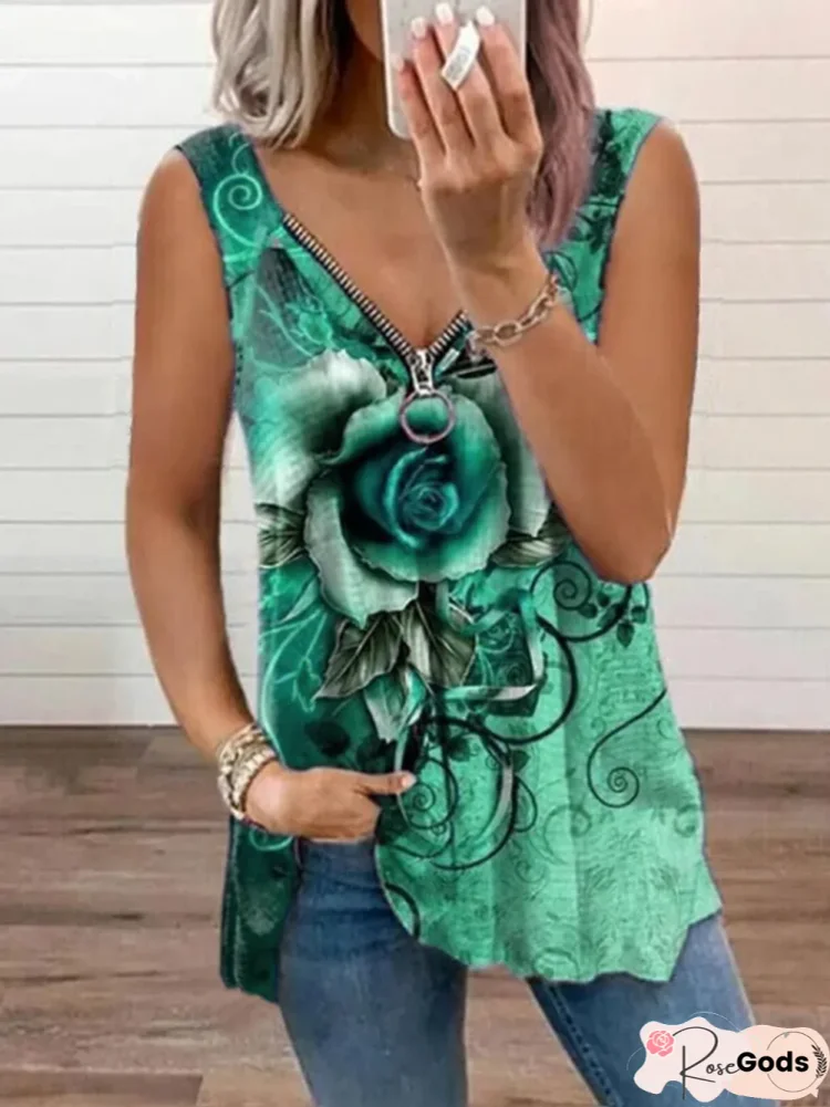 Women's V-Neck Zipper Roses Printed Casual T-Shirt Jacket Vest