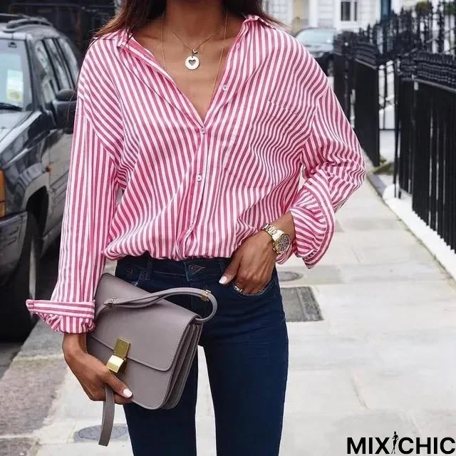 Women Sexy Striped Shirt Loose Autumn Fall Casual Ladies Plus Size Blouses Top