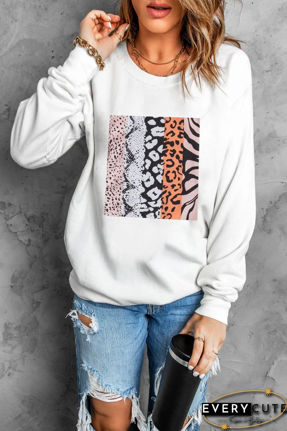 White Leopard Snakeskin Zebra Patchwork Long Sleeve Sweatshirt