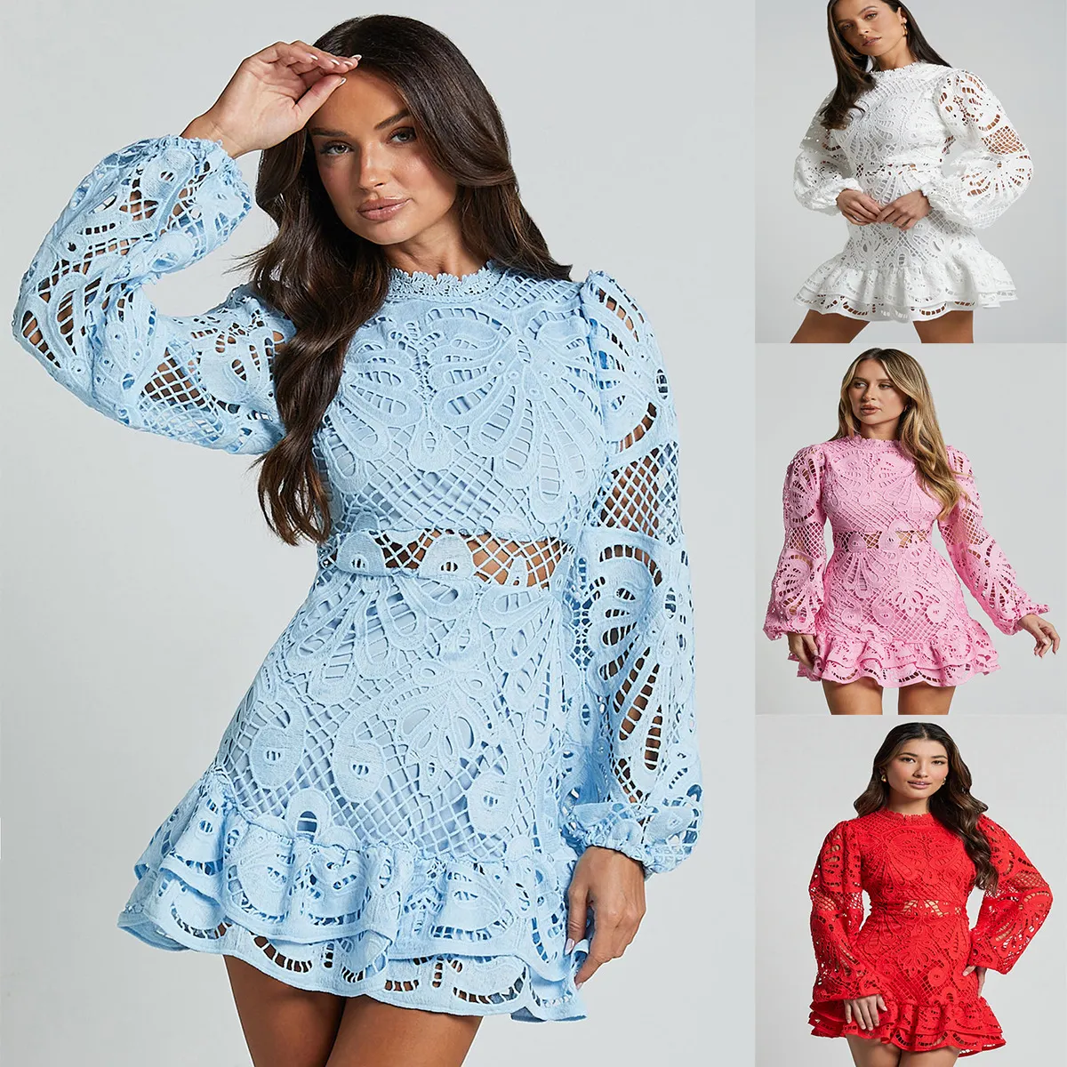 Women's Lace Mini Dress, Cutout Waist Bishop Sleeve Ruffle Hem Party Dress
