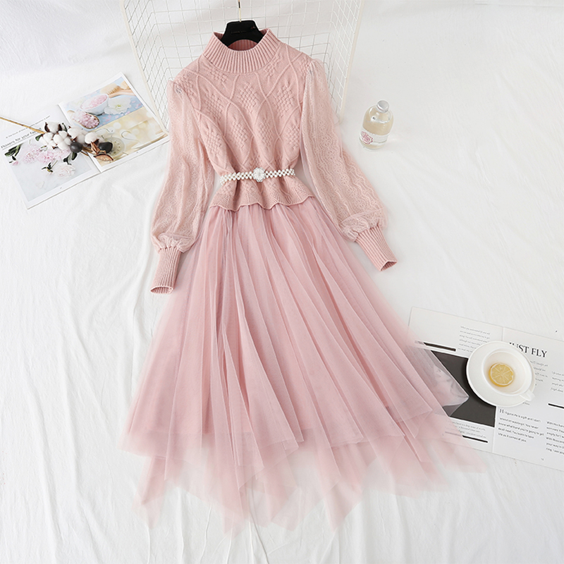 Beige/Blue/Pink Elegant Long Sleeve Mesh Fairy Knitted Dress BE550