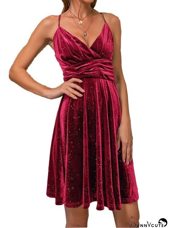 Dresses Glitter V-Neck Strap Gold Velvet Dress for Women