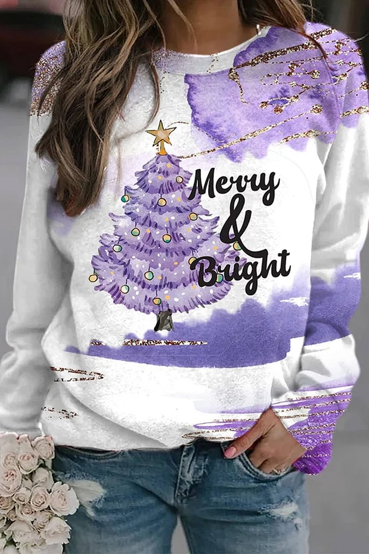 Merry And Bright Purple Christmas Tree Print Casual Sweatshirt