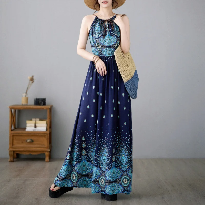 Uveng Uveng New Literary And Art-Print National Style Dress Sleeveless Sleeves Holiday Style Swinging Long Dress Hanging Neck Skirt