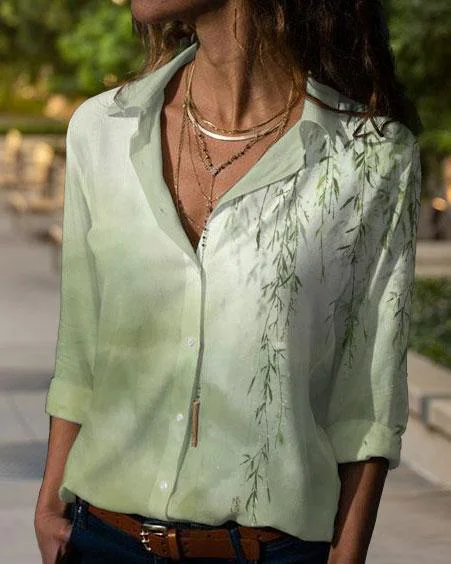 Gradient Willow Leaf Print Long Sleeve Blouse