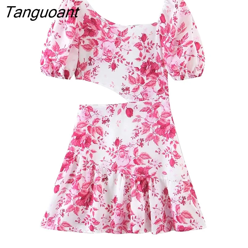 Tanguoant Collar Pink Summer Boho Cute Petite Dress for Women Lantern Sleeve Ruffles Sexy Beach Dress Floral New Hollow Out Dress