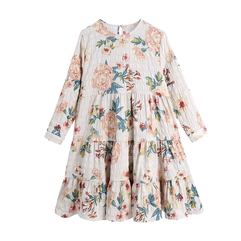 KPYTOMOA Women 2021 Chic Fashion Floral Print Ruffled Mini Dress Vintage O Neck Three Quarter Sleeve Female Dresses Vestidos