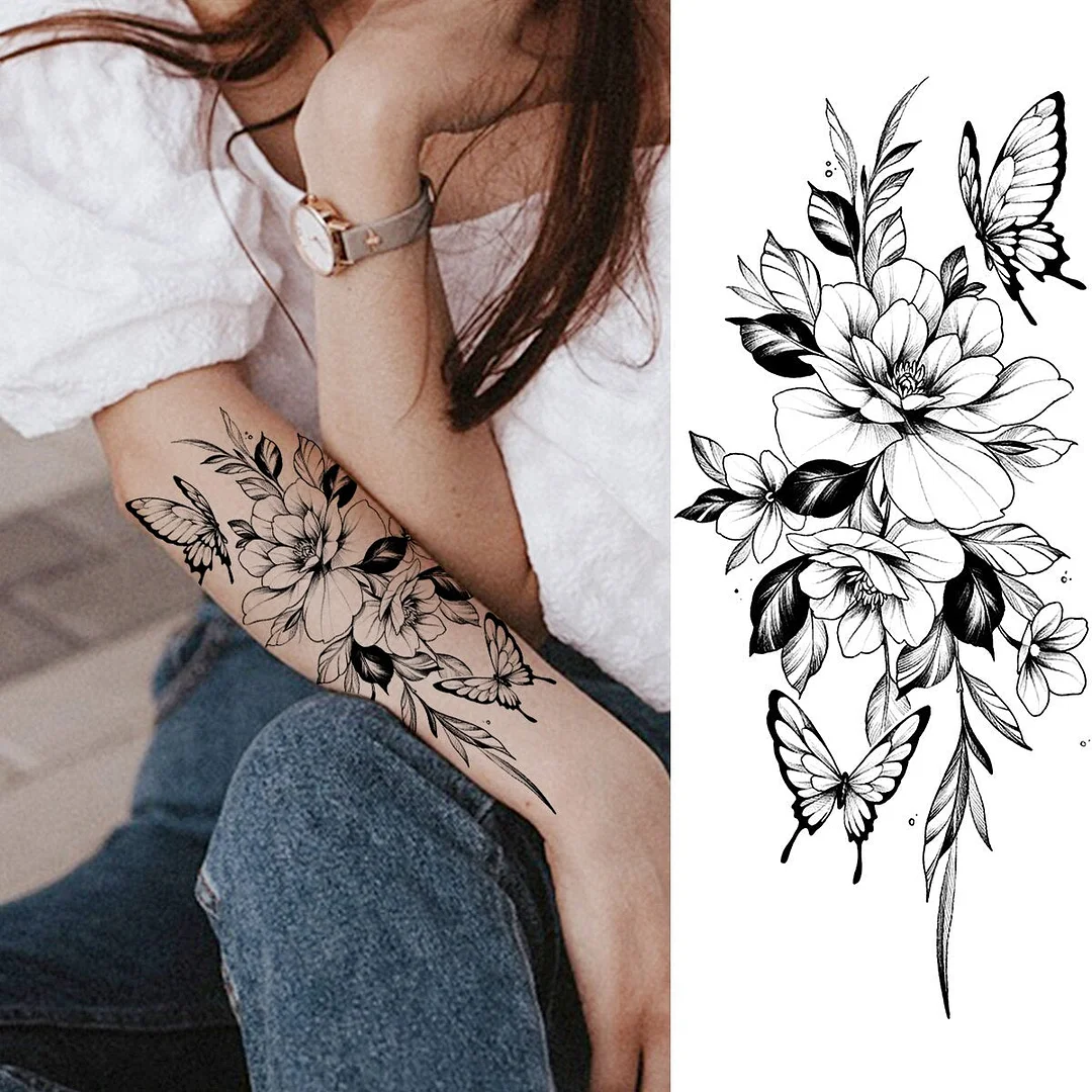 Black Peony Flower Sexy Boobs Temporary Tattoos For Women Adult Girl Rose Lion Moon Fake Tattoo Realistic Body Art Tatoos Paper