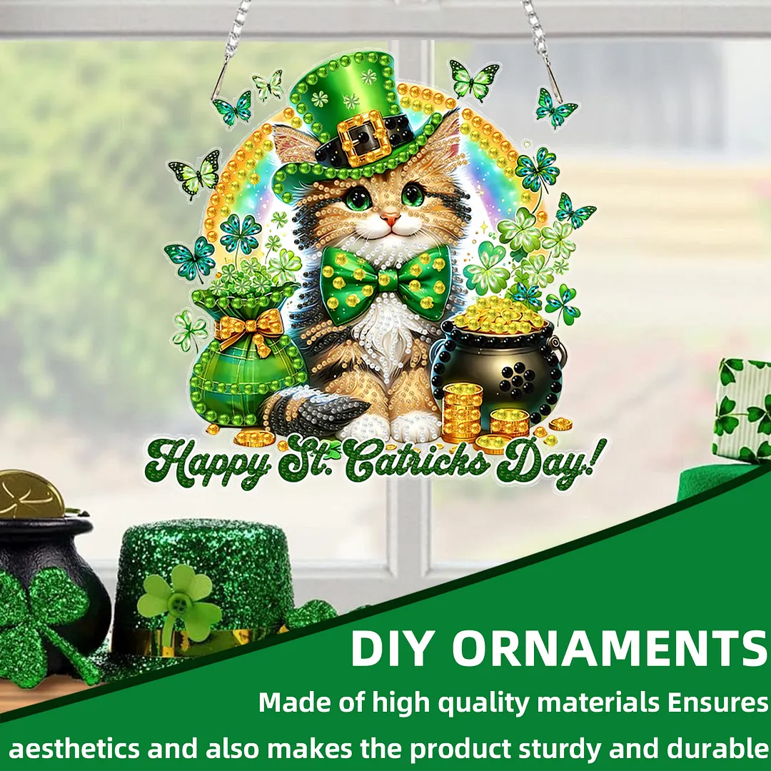 St Patricks Day Cat DIY 2D Flat Acrylic Diamond Painting Kits 5D Diamond Art Painting Window Pendants for Home Garden Wall Decoration