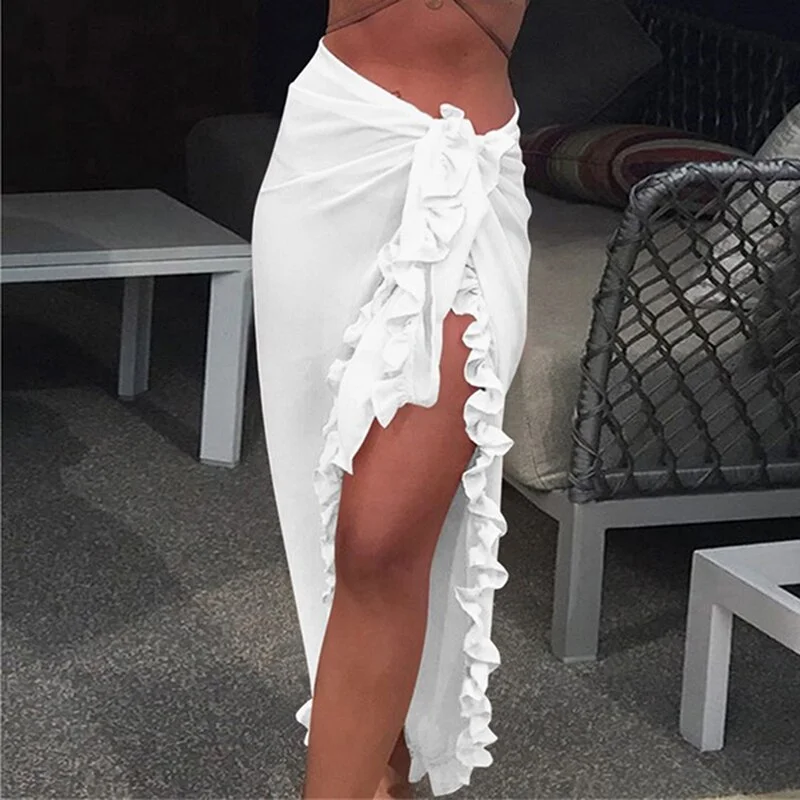 Ruffle Beach Summer Long Skirt Women 2023 Side Split White Red Black Pink Yellow Elastic Waist High Waist Skirts Clothes