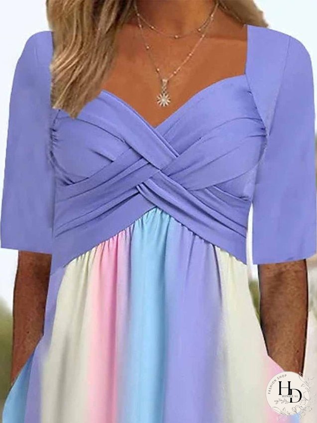 Casual Dress A Line Dress Summer Dress Rainbow Pocket Twist V Neck Midi Dress Fashion Streetwear Outdoor Daily Short Sleeve Regular Fit Purple Summer Spring S M L XL XXL for Women
