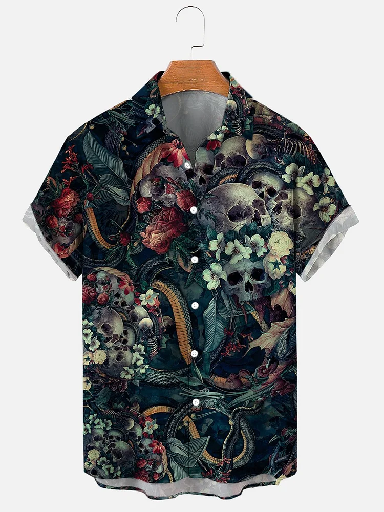 Men's Hawaiian Skull Halloween Floral Casual Print Shirt