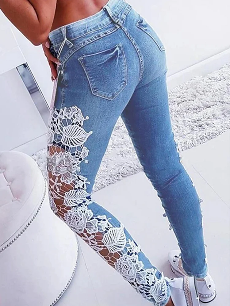 Sexy Colorblock Lace Hollow Spliced Pocket Skinny Pants