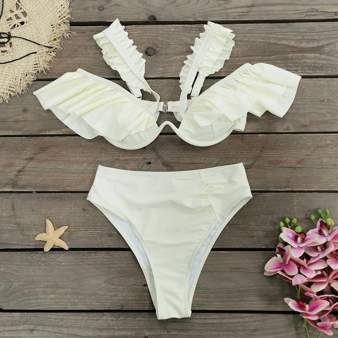 Brownm Solid-Color High-Waisted Split Swimsuit Women 2025 New Out-To-Shoulder-To-Breasted Bikini