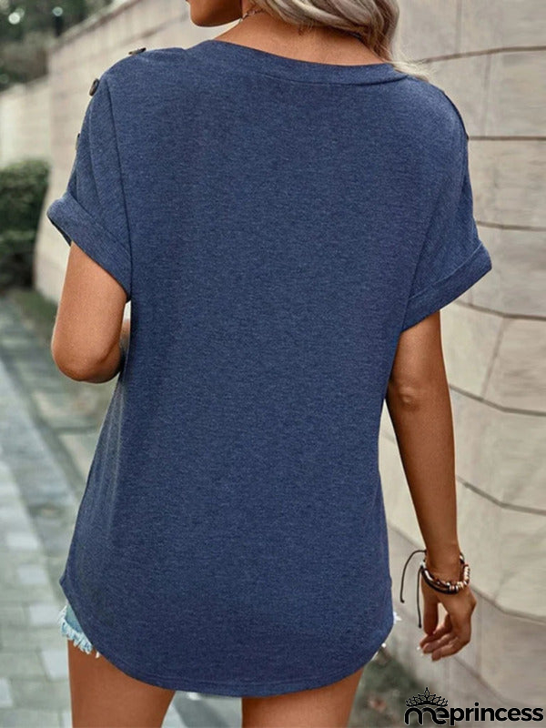 Solid Short Sleeve V-Neck Top with Buttons
