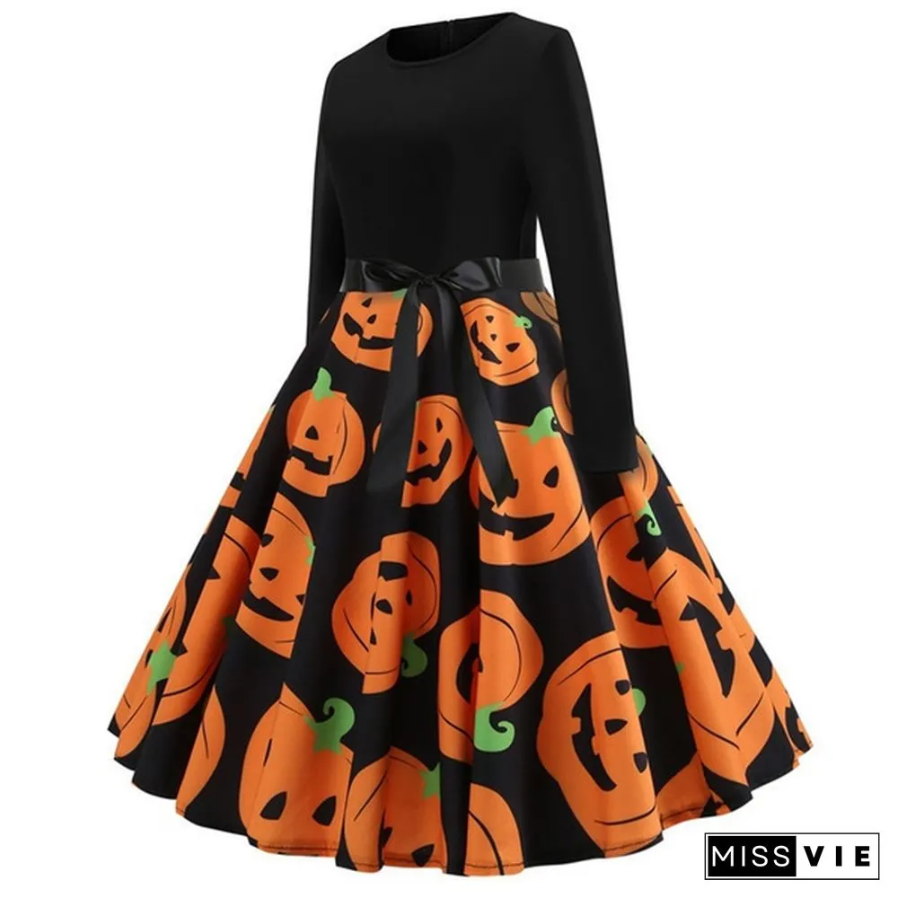 Fashion Women Christmas Swing Party Dress Printing Long sleeve Festival prom belt evening