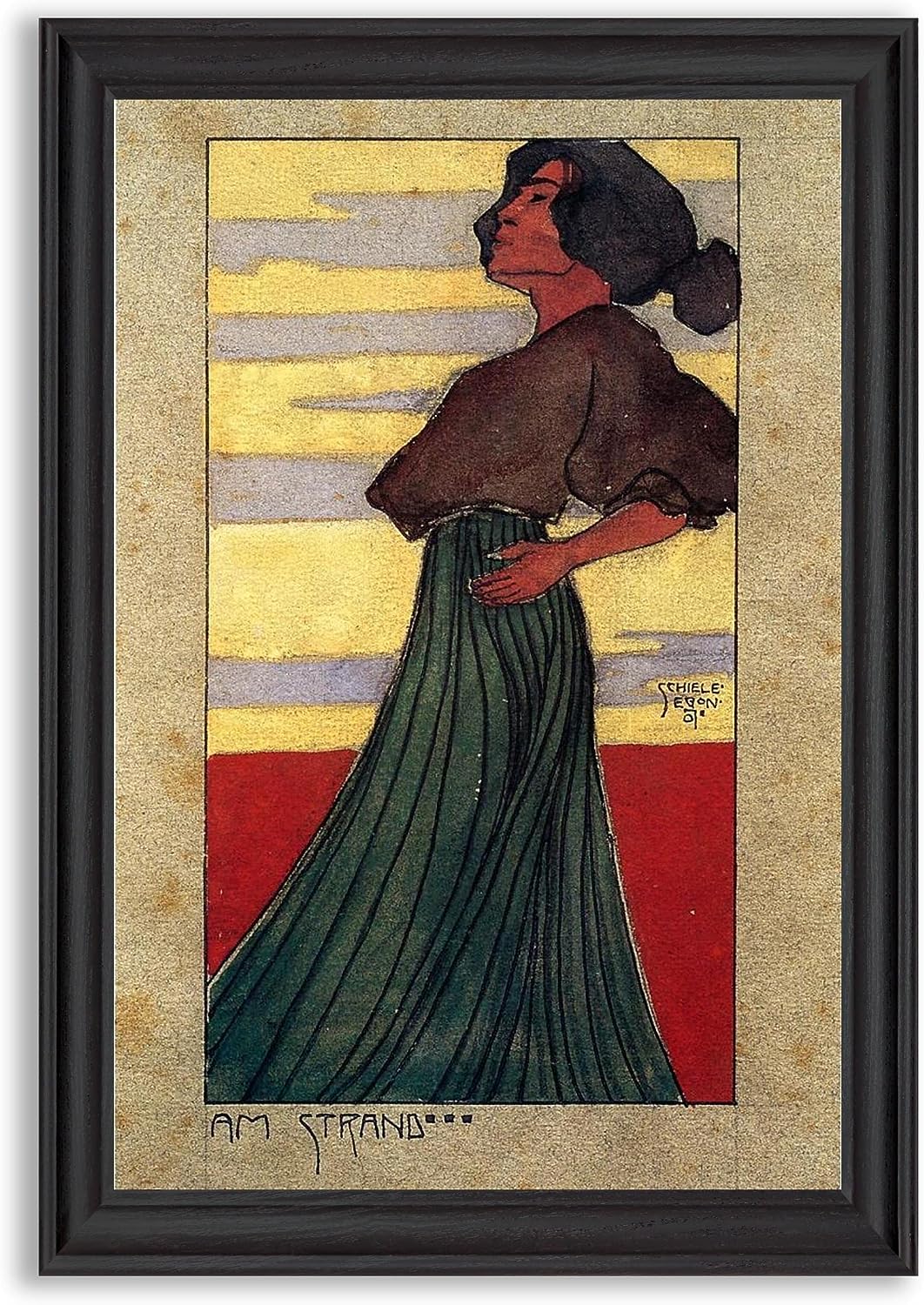 On The Beach Moonlight by Egon Schiele Framed Canvas Wall Art Decor | Fine Artwork Painting Reproduction Canvases | Gallery Print in Wood Frame | Home & Office Gift for Bedroom & Living Room Walls On The Beach Moonlight