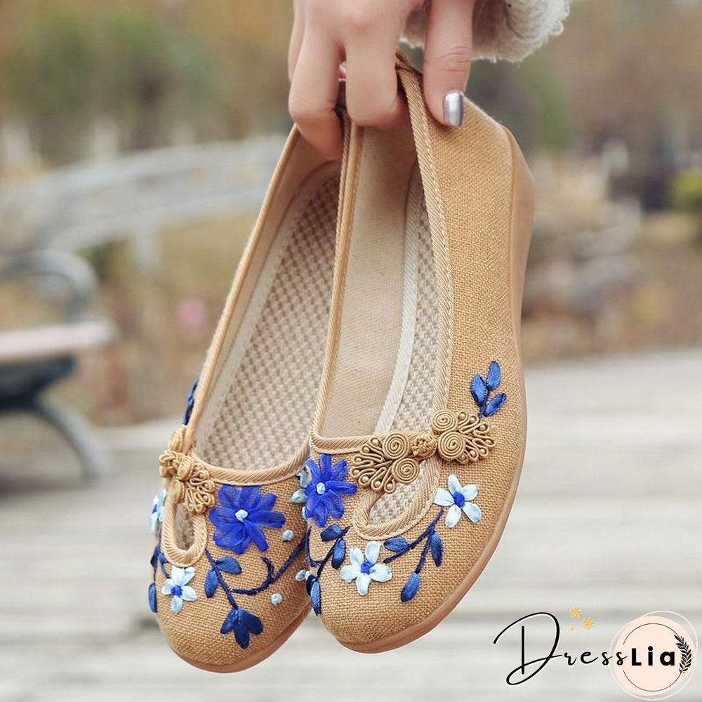 3D Flowers Women Linen Slip On Ballet Flats Breathable Fabric Shoes