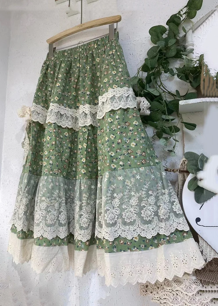 French Green Ruffled Patchwork Elastic Waist Pleated Skirts BV035 main image 0