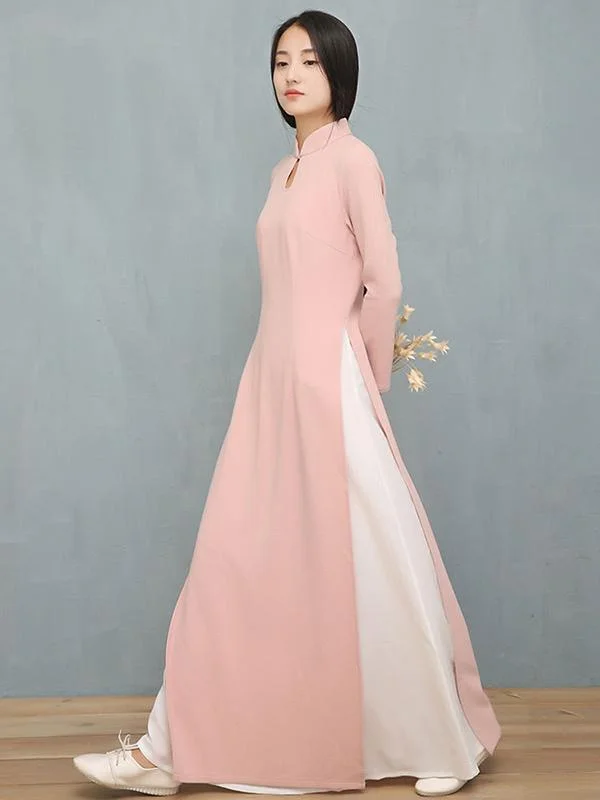 Pink Split-side Long Ao Dai Cheongsam Dress