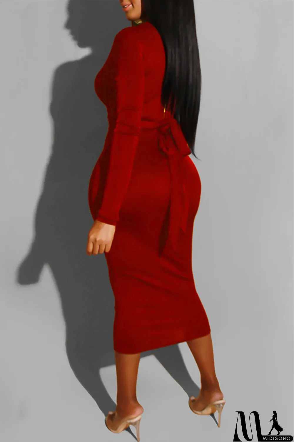 MidiSono - Deep Blue Fashion Casual Bandage O Neck Long Sleeve Dresses