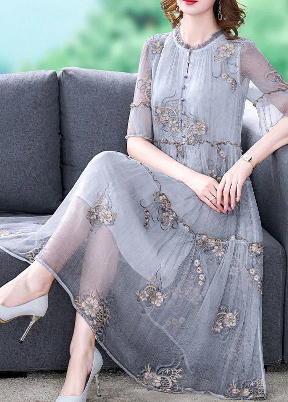 Fashion Grey Embroideried Ruffled Exra Large Hem Silk Holiday Dress Summer