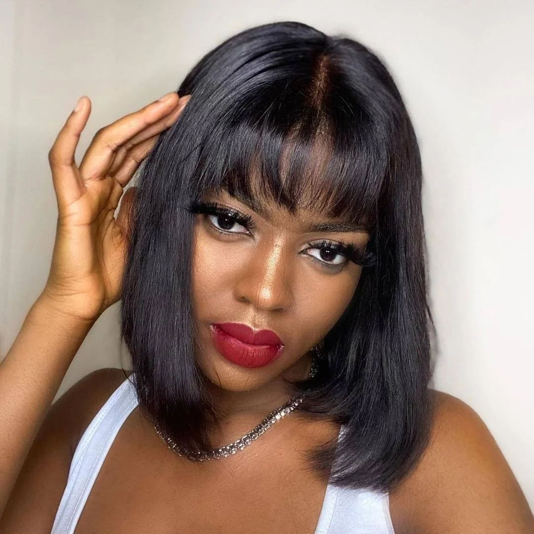 Jewtribute Hair®|Short Bob Wig With Bangs Straight Brazilian Hair Wigs