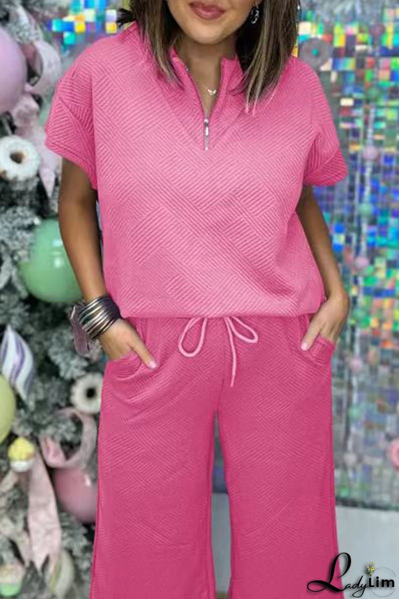 Casual Simplicity Solid Pocket Zipper Texture Turndown Collar Short Sleeve Two Pieces