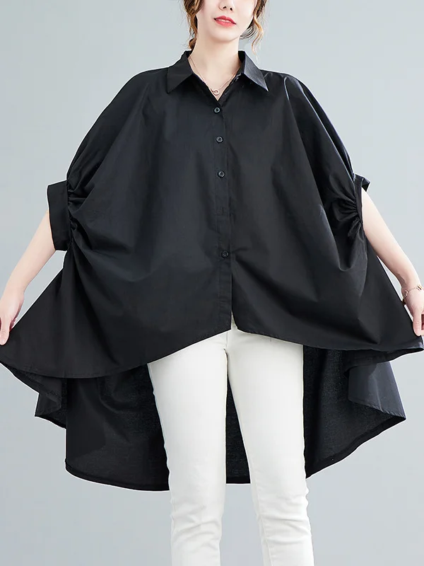Original Minimalist Roomy Pure Color High-Low Batwing Sleeves Blouse