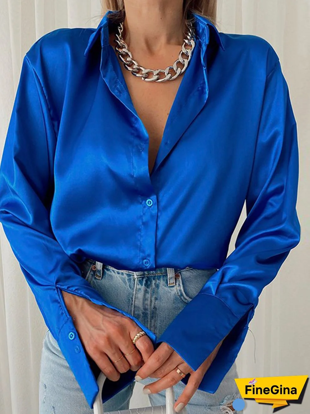 Women Elegant Satin Solid Long Sleeve Blouses Female Chic Vintage Blue Green Casual Loose Fitting Buttons Down Shirts Tops