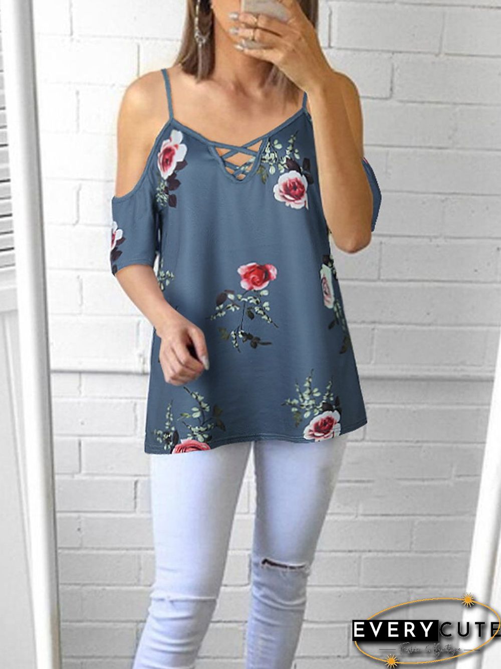 Cold Shoulder Straps Short Sleeves Floral T-Shirt Top