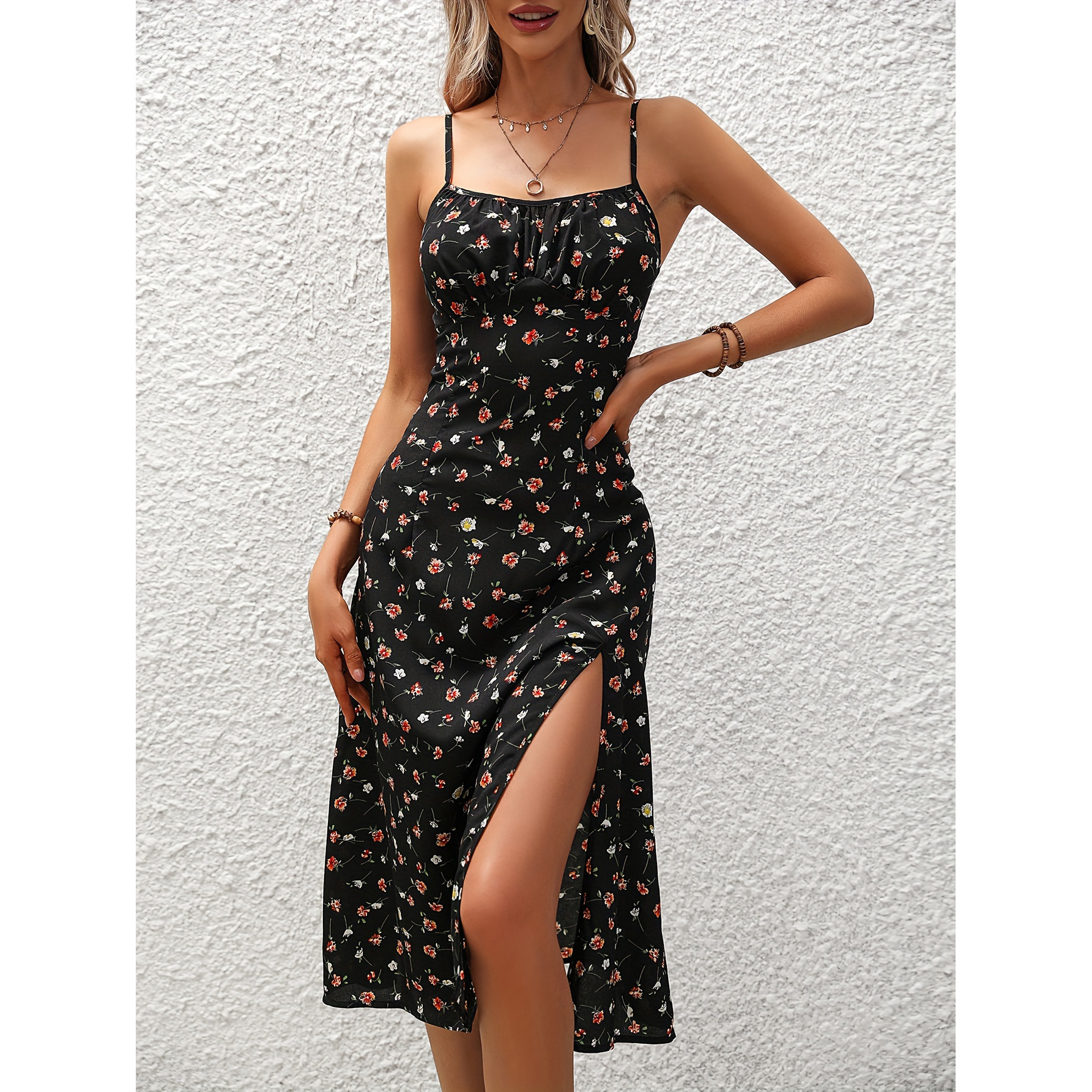 Mature Women New Polka Dot Print Suspender Summer Sexy Slit Long Dresses