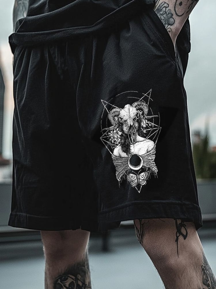 Satanic Skull Goat Devil Pentagram Totem Dark Printed Shorts / Rvogue / Rvogue