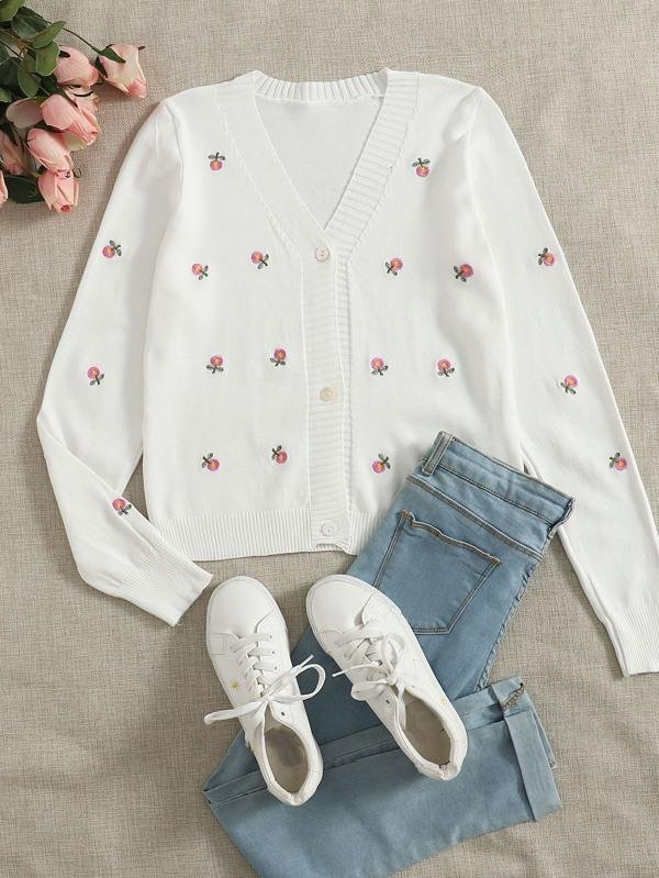 Floral Embroidery Button Up Cardigan