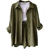 Women's Wrinkled Fabric Casual Long Sleeve Shirt High Waist Drawstring Shorts Two-piece Set