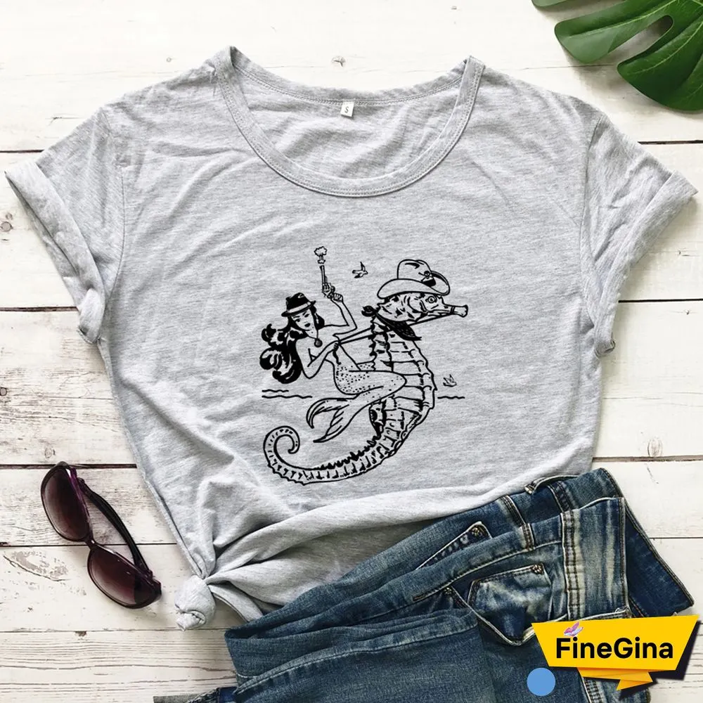 The Cowgirl Mermaid 100% Cotton T-shirt Aesthetic Sea-haw Rodeo Western Tshirt Funny Women Hipster Graphic Tee Shirt Top