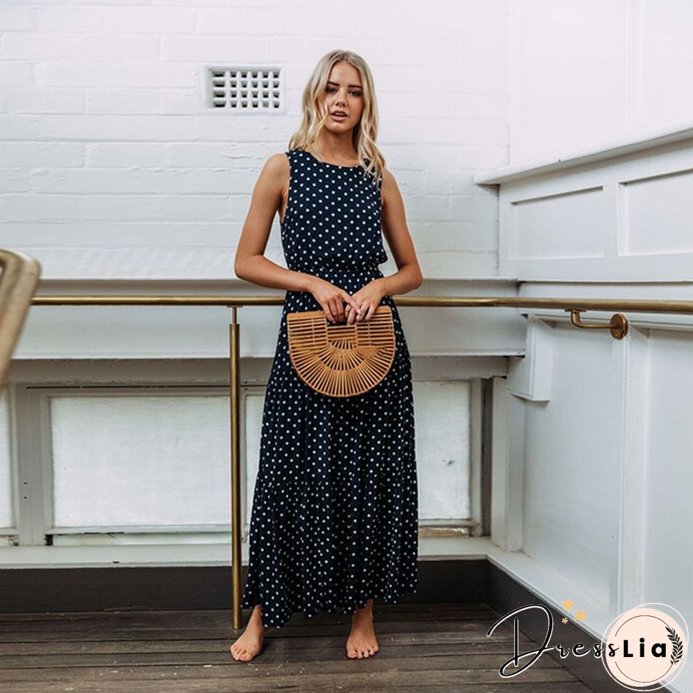 Holiday Summer Women Boho Sleeveless Maxi Polka Dot Dress Casual Beach Long Dress