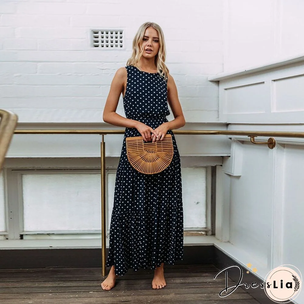 Holiday Summer Women Boho Sleeveless Maxi Polka Dot Dress Casual Beach Long Dress