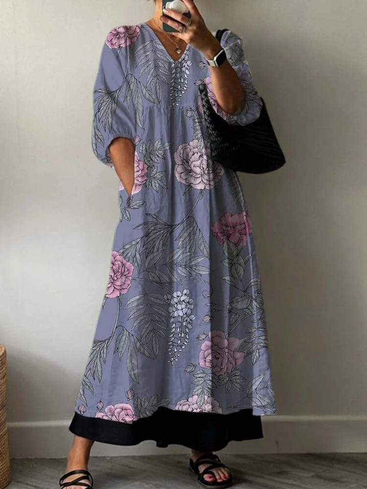 Purple Flower Decorative Pattern Pocket V-neck Cotton Dress