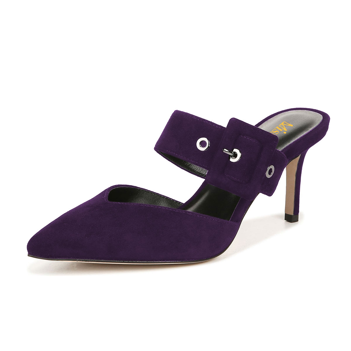 Pointed Toe Stiletto heel Buckle Strap Slip-On Mules Shoes in Purple Nicepairs