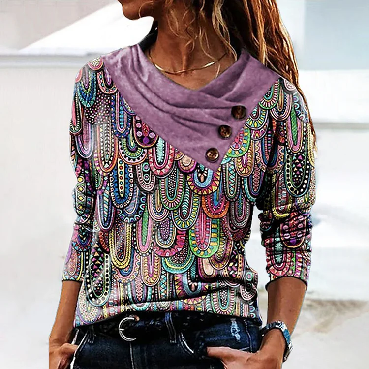Women's Button-up Rainbow Print V-neck Loose Casual Long-sleeved T-shirt