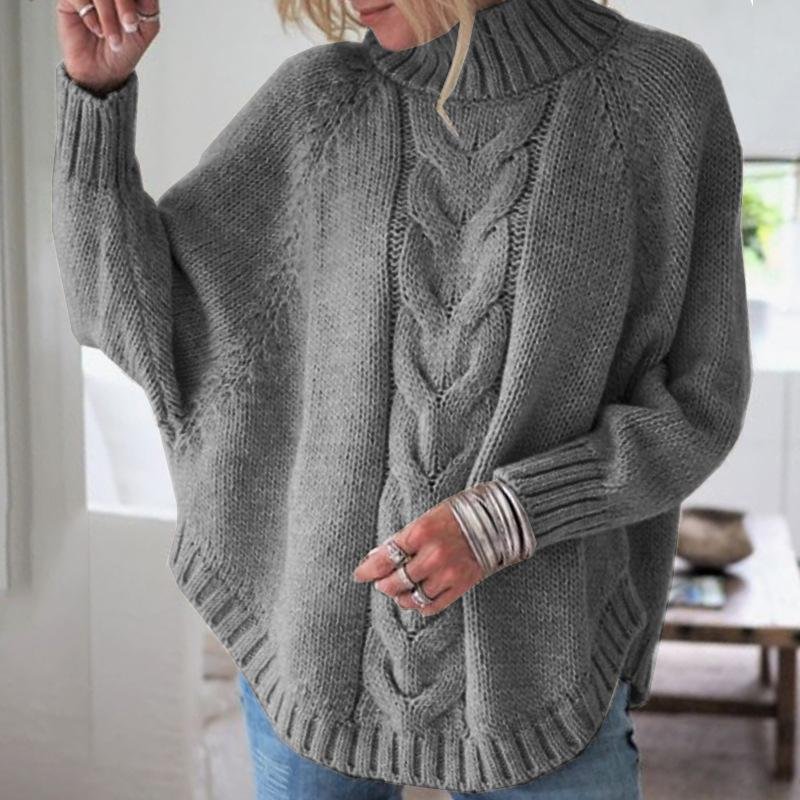 High Neck Cable Knit Rounded Hem Sweater-Allyzone-Allyzone