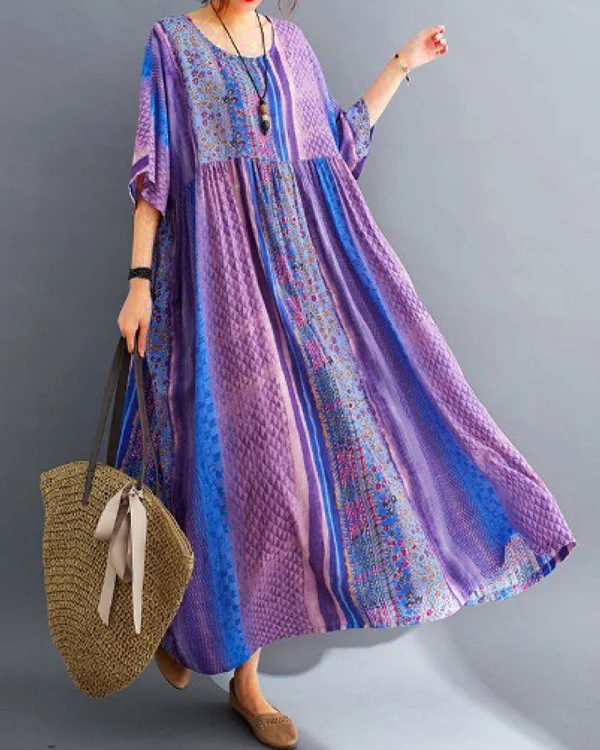 Retro Round Neck Short Sleeve Printed Loose Midi Dress
