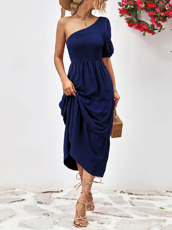 Solid Color Puff Sleeves Loose One-Shoulder Midi Dresses