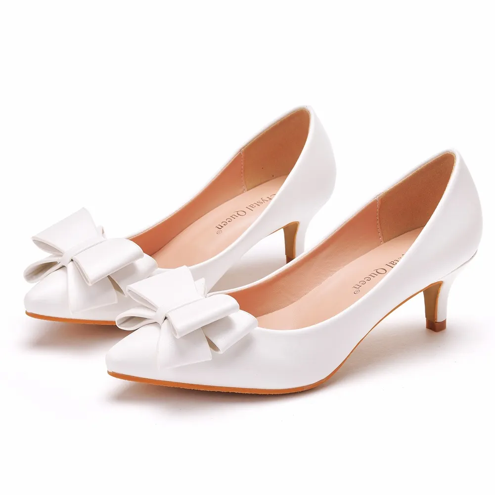 Breakj Breakj Wedding Dress Tip Single Shoe Fine Heel Single Shoe Bow Tip Shoes Large White Wedding Shoes Low Heel